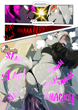 accessory angry anthro anus armwear blush blush_lines bodily_fluids breath clothing dialogue faceoff female furniture gasp genital_fluids genitals gold_(metal) gold_tooth group hair headband insult intersex intersex/female looking_back male moan onomatopoeia panting penetration penis pink_hair precum sex slap_(sound_effect) smack_(sound_effect) sofa sofa_sex sound_effects table tail text trio underwear vaginal vaginal_penetration vulva kururur444 instant_loss_2koma kalia_(oboegollum) mawko_(oboegollum) remi_(oboegollum) canid canine canis domestic_dog felid feline lynx mammal pantherine absurd_res comic english_text hi_res