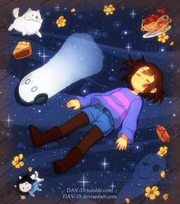ambiguous_gender anthro bone dessert electronics female feral flower food group headphones hot_dog ketchup lying male meatball on_back pasta pastry pie plant skeleton space spaghetti text wood dav-19 undertale undertale_(series) annoying_dog_(undertale) flowey_the_flower frisk_(undertale) gaster napstablook temmie_(undertale) canid canine canis domestic_dog ghost human mammal spirit tem 2015 digital_media_(artwork) url