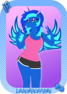anthro athletic_wear black_bottomwear black_clothing black_shorts blue_body blue_eyes blue_fur blue_hair blue_horn blue_wings border bottomwear bra_strap breasts bulge clothing dolphin_shorts eyeshadow fur gesture glowing glowing_hair gynomorph hair hand_gesture horn intersex logo looking_at_viewer makeup pink_clothing pink_shirt pink_topwear shirt shorts simple_background solo sportswear spread_wings tank_top tongue tongue_out topwear v_sign white_border wings kilgorio hasbro my_little_pony mythology equid equine mammal mythological_creature mythological_equine winged_unicorn absurd_res digital_media_(artwork) hi_res signature