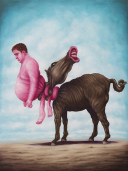 asphyxiation choking curled_tail desolate_landscape duo exaggerated_expression feral lips male overweight overweight_male red_body red_skin stretching tail thick_lips unusual_anatomy what what_has_science_done bruno_pontiroli asinus donkey equid equine human mammal