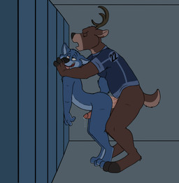 4_fingers against_surface against_wall ahegao anal anal_orgasm anal_penetration anthro anthro_on_anthro anthro_penetrated anthro_penetrating anthro_penetrating_anthro antlers arched_back big_penis blue_body blue_countershading blue_fur bodily_fluids bottomless brown_body brown_fur clothed clothed_sex clothing countershade_face countershade_torso countershading cum cum_in_ass cum_inside cum_while_penetrated duo ejaculation erection eyes_closed fingers from_behind_position fucked_silly fur genital_fluids genitals hands-free horn humanoid_genitalia humanoid_penis inside interspecies jersey jock leaking locker locker_room looking_pleasured male male/male male_penetrated male_penetrating male_penetrating_male moan multicolored_body multicolored_fur nude open_mouth open_smile orgasm penetration penile penile_penetration penis penis_in_ass penis_size_difference precum sex shirt side_view simple_background slightly_chubby smile standing thick_penis tongue tongue_out topwear two_tone_body two_tone_fur rotten_robbie robbie_(rotten_robbie) canid canine canis deer mammal wolf digital_media_(artwork) flat_colors hi_res