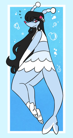 anthro biped black_hair bottomwear bubble clothing crop_top feet female fin footwear frown grey_body hair long_hair long_tail looking_aside looking_at_viewer pose red_eyes shirt shy side_view simple_background skirt socks solo surprised tail toeless_footwear toeless_socks toes topwear underwater water white_body white_bottomwear white_clothing white_crop_top white_footwear white_skirt white_socks white_topwear nerdyreindeer nintendo pokemon aquatic asterozoan brionne echinoderm generation_7_pokemon pokemon_(species) starfish colored full-length_portrait hi_res portrait