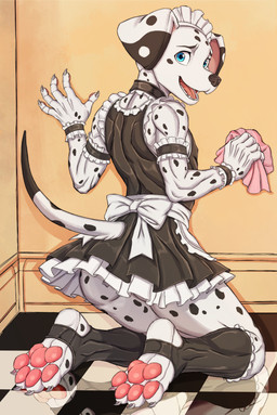 anthro black_nose black_spots blue_eyes bottomless bottomless_anthro bottomless_male butt claws cleaning clothed clothing collar crossdressing crossdressing_male feet finger_claws floppy_ears folded_ears footwear frilly frilly_clothing fur furgonomic_footwear furgonomics kemono looking_at_viewer looking_back maid_uniform male markings pawpads paws reflection skimpy solo spots spotted_body spotted_fur toe_claws uniform white_body white_fur xioy384133 canid canine canis dalmatian domestic_dog mammal absurd_res hi_res