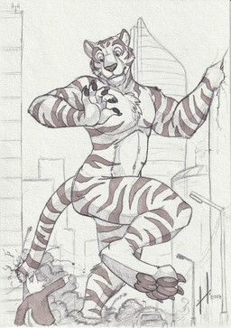 anthro athletic athletic_anthro athletic_male city_destruction claws destruction duo extreme_size_difference facial_markings finger_claws fingerpads fur head_markings macro male male_anthro markings navel nude pawpads size_difference standing striped_arms striped_body striped_face striped_fur striped_legs striped_markings striped_tail stripes tail tail_markings toe_claws hufnaar hufnaar_(character) canid canine felid mammal pantherine tiger 2017 absurd_res dated hi_res partially_colored