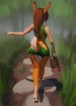 5_fingers big_butt biped blurred_background brown_hair butt clothed clothing cloven_hooves countershade_feet countershade_fur countershade_tail countershading dappled_fur detailed_background dewclaw_hooves feet female fetlocks fingers fur green_clothing hair hooves leaf_clothing orange_body orange_fur plant_clothing rear_view scut_tail short_tail solo tail walking watering_can white_body white_fur kirena-kaya treesong animal_humanoid deer dryad humanoid mammal hi_res