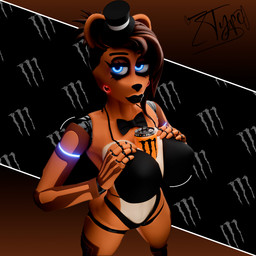 abs anthro between_breasts beverage big_breasts bikini black_bikini black_bow_tie black_clothing black_lips black_swimwear blue_eyes bow_tie breasts brown_body brown_eyelids brown_hair can clothing container crossgender energy_drink eyelashes female glowing glowing_eyes hair hand_on_breast hat headgear headwear high-angle_view holding_breast lips looking_at_viewer machine motion_lines mtf_crossgender short_hair solo standing swimwear top_hat two-piece_swimsuit wide_hips type_09 disembowell_(modeler) psychojohn2_(modeler) five_nights_at_freddy's five_nights_at_freddy's_2 monster_energy scottgames toy_freddy_(fnaf) animatronic bear mammal robot robot_anthro 2026 3d_(artwork) digital_media_(artwork) hi_res