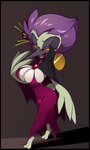 anthro areola areola_slip barefoot beak big_breasts black_cape black_clothing breasts bulge cape cleavage clothed clothing dress feather_hands feathers feet green_body green_feathers gynomorph hair intersex narrowed_eyes open_mouth purple_hair red_clothing red_dress red_sclera solo yellow_eyes lavenderrose sega sonic_the_hedgehog_(series) fan_character roseline_(lavenderrose) apodiform avian bird hummingbird vampire 2023 absurd_res hi_res trans_(lore) trans_woman_(lore)