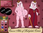 anthro blue_eyes breasts clothed clothing crown curled curled_tail duo female fluffy fur gem hair headgear jewelry pink_body pink_fur queen rod royalty standing tail text white_hair darknetic abbie canid canine canis domestic_dog mammal royal_doggo 4:3 absurd_res english_text hi_res model_sheet