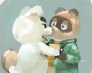 anthro brown_body brown_fur chibi clothing duo fur kemono male shirt text tongue tongue_out topwear white_body white_fur masshiro animal_crossing nintendo k.k._slider tom_nook_(animal_crossing) canid canine canis domestic_dog mammal raccoon_dog tanuki 2020 hi_res translated