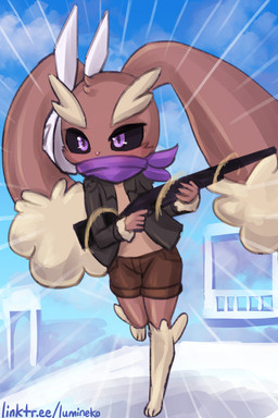 ambiguous_gender anthro biped black_sclera blue_eyes bottomwear brown_body clothed clothing cosplay crossover_cosplay day ear_tuft eyebrows floppy_ears front_view gun holding_gun holding_object holding_ranged_weapon holding_rifle holding_weapon jacket long_ears outside pink_nose pokemorph ranged_weapon rifle running scarf shorts solo topwear tuft weapon lumineko neon_white nintendo pokemon generation_4_pokemon lopunny pokemon_(species) 2025 2:3 crossover