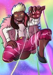 bottomwear clothed clothing cosplay eyewear femboy footwear fur_coat glasses hand_on_leg hand_outstretched jacket kneeling licking licking_lips male open_clothing open_jacket open_topwear shoes shorts tongue tongue_out topwear fourssss one_piece diana_bunfox donquixote_doflamingo canid canine fox hybrid lagomorph leporid mammal rabbit hi_res