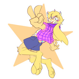 anthro blue_highlights bottomwear clothing flannel_shirt floppy_ears fur gesture hand_gesture highlights_(coloring) jumping male open_mouth open_smile purple_highlights shorts simple_background smile solo v_sign yellow_body yellow_fur xing1 jolt_(jackel_usami) lagomorph leporid mammal rabbit 1:1 absurd_res hi_res