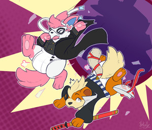 ambiguous_gender autodefenestration black_clothing black_coat black_nose black_topwear black_trenchcoat bow_(anatomy) breaking_glass broken_glass clothed clothing coat cosplay crossover_cosplay diaper duo fake_tail fangs feral fur glass grey_clothing grey_topwear grey_vest head_tuft katana looking_at_another looking_back looking_down looking_down_at_another mask melee_weapon midair mohawk open_mouth orange_body orange_fur pattern_background pattern_clothing pink_body pink_fur pink_tail sash simple_background striped_clothing stripes surprise sword tail teeth topwear trenchcoat tuft vest weapon wearing_diaper wearing_mask white_body white_fur yellow_body yellow_fur yellow_tail jintally lynhug_bb nintendo persona_(series) persona_5 pokemon moon_(mrmoonmoo) pendant_(character) ren_amamiya yusuke_kitagawa eeveelution generation_1_pokemon generation_6_pokemon growlithe pokemon_(species) sylveon 2022 crossover hi_res signature male_(lore)