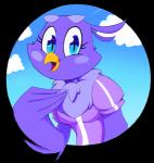 alpha_channel anthro avian beak bird blue_eyes blush breasts clothing cloud eyelashes feathers female looking_at_viewer melissa_morgan non-mammal_breasts official_art open_mouth purple_body purple_feathers simple_background sky solo super_planet_dolan transparent_background vimhomeless