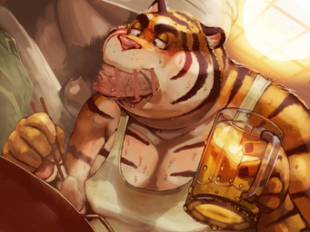 anthro balls blush bodily_fluids clothing drunk duo eating erection fellatio food fur genitals male male/male moobs nude oral overweight penile penis public sex shirt slightly_chubby substance_intoxication sucking sweat tank_top topwear unprofessional_behavior leoponleopon felid feline mammal pantherine tiger 4:3 censored