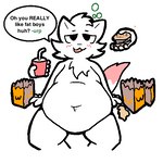 anthro belly beverage big_belly blush bubble burger burping digestion eating expansion fast_food feeding fluffy fluffy_tail food force_feeding forced fur holding_object inflation looking_at_viewer male navel nude obese obese_anthro obese_male open_mouth overweight overweight_anthro overweight_male paws pink_body pink_fur simple_background smile solo stuffing tail text thick_thighs weight_gain white_body white_fur wide_hips mushkoe boy_kisser_(meme) wcdonald's silly_cat_(mauzymice) domestic_cat felid feline felis mammal 1:1 digital_drawing_(artwork) digital_media_(artwork) english_text flipnote_studio_(artwork) low_res meme