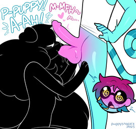 ambiguous_gender ball_lick balls big_balls black_body black_fur blush chest_tuft fur genitals heart_symbol humanoid_genitalia humanoid_penis licking looking_pleasured male male/ambiguous moan open_mouth oral penis sex simple_background spiral spiral_eyes standing tail text tongue tuft puppysnackz dig_(digsaw) puppysnackz_(character) animal_humanoid canid canine canis chameleon_humanoid domestic_dog humanoid lizard_humanoid mammal reptile reptile_humanoid scalie scalie_humanoid 2025 english_text hi_res