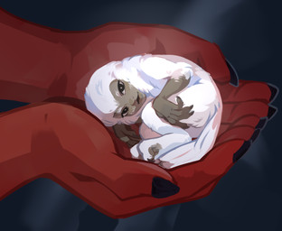 ambiguous_gender anthro black_eyes black_fingernails black_nails colored_nails disembodied_hand duo fingernails fur holding_another looking_at_viewer lying nails neonate nude on_side pupils simple_background size_difference solo_focus white_body white_fur white_pupils young corzh77 haplorhine mammal monkey primate hi_res