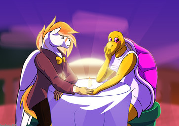 anthro clothing dialogue duo female formal_clothing hand_holding light light_beam male male/female romantic romantic_couple shy sunbeam sunlight sunset tight_clothing wings rage_spark mario_bros mythology nintendo equid equine horse koopa koopa_troopa mammal mythological_creature mythological_equine pegasus reptile rolla_koopa scalie turtle absurd_res hi_res