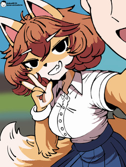 5_fingers ambiguous_gender anthro arm_tuft biped black_eyes black_nose blue_bottomwear blue_clothing blue_skirt blurred_background bottomwear bracelet breasts brown_hair claws clothed clothed_anthro clothed_female clothing collared_shirt dipstick_ears dipstick_tail duo ear_markings elbow_tuft eyebrows faceless_character faceless_human female female_anthro finger_claws fingers fluffy fluffy_tail fur gesture hair hand_gesture jewelry looking_at_viewer markings multicolored_body multicolored_ears multicolored_fur open_mouth orange_body orange_fur orange_tail pink_inner_ear pointy_ears rolled_up_sleeves shirt skirt smile smiling_at_viewer solo_focus tail tail_markings teeth teeth_showing text topwear tuft v_sign white_body white_bracelet white_clothing white_ear_tips white_eyebrows white_fur white_shirt white_tail_tip white_topwear voider_(artist) bully_fox canid canine fox human mammal 2025 absurd_res artist_name digital_media_(artwork) hi_res url