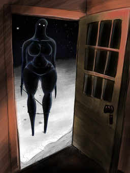 big_breasts black_body breasts door doorway featureless_breasts featureless_crotch featureless_feet featureless_hands feet female front_view huge_hips looking_at_viewer night small_waist snow solo thick_thighs white_eyes wide_hips sai0nhik4ri humanoid shadow_creature shadow_humanoid 3:4 hi_res
