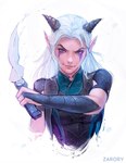 breasts clothing female hair holding_melee_weapon holding_object holding_sword holding_weapon horn humanoid_pointy_ears long_hair looking_at_viewer markings melee_weapon not_furry pointy_ears purple_eyes simple_background solo sword weapon white_background white_hair zarory the_dragon_prince rayla_(the_dragon_prince) elf humanoid moonshadow_elf 2019 signature