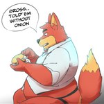 anthro belly big_belly black_nose burger clothing dialogue food jockstrap male overweight overweight_male shirt simple_background sitting solo text topwear underwear white_background spacepanda canid canine fox mammal 1:1 2023 english_text hi_res