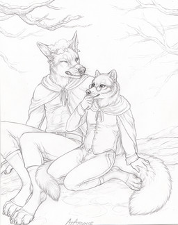 anthro belt claws cloak clothed clothing duo ear_piercing eyewear facial_scar finger_claws fluffy fluffy_tail footwear fully_clothed glasses kneeling male one_eye_closed paws piercing pointy_ears prick_ears scar sitting snow spats tail toe_claws toeless_footwear wearing_glasses whisker_spots whiskers rukis puquanah ransom arctic_fox canid canine canis coyote fox mammal true_fox 2016 signature traditional_media_(artwork)