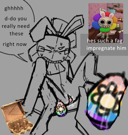 ambiguous_gender bodily_fluids duo egg egg_in_ass fake_ears fake_rabbit_ears flower homophobic_slur oviposition plant puppy_pad raised_leg slur text audiht blushcrunch_studio dandy's_world anonymous_character dandy_(dandy's_world) elemental_creature flora_fauna flower_creature humanoid english_text male_(lore)