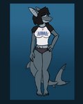 anthro black_hair black_nail_polish blue_body blue_border blue_eyes border clothing feet female fin hair hand_on_hip shirt short_hair solo stripes tail topwear underwear serkeira lala_(layla) fish marine shark absurd_res guide_lines hi_res