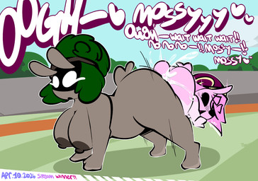 ambiguous_penetration anthro black_eyes bodily_fluids brown_body brown_skin bumper_cars_position cum cum_inside dominant dominant_female duo female genital_fluids green_hair hair larger_female lifting_partner male male/female orgasm penetration pink_body pink_hair pink_skin sex shadow_face size_difference surprised thefablednekos spiral_stream_derby jerry_capshell mossy_stone hi_res