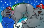 anthro balls belly_hair big_balls big_butt big_penis bodily_fluids body_hair butt chest_hair clothing facial_hair genitals happy_trail male mustache nipples overalls penis pubes solo sweat through_wall trunk dizzysauce_nsfw mario_bros nintendo super_mario_bros_wonder elephant_mario mario elephant elephantid mammal proboscidean hi_res