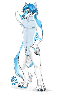 anthro athletic athletic_anthro athletic_male balls blue_body blue_fur blue_hair fur genitals hair hand_behind_head looking_at_viewer male male_anthro nipples nude nude_anthro nude_male simple_background smile solo tail teeth white_background white_body white_fur yellow_eyes i-psilone canid canine canis mammal wolf 2015