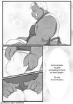 2022 anthro apron baking biped bon_donuts clothing comic cooking english_text hi_res humanoid_hands kemono male mammal monochrome musclegut muscular panel_skew shirt slightly_chubby solo suid suina sus_(pig) text topwear wild_boar