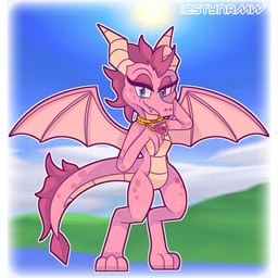 anthro biped blue_eyes cloud day eyelashes female horn jewelry necklace pink_body scales sky solo sun tail iestragon activision european_mythology mythology spyro_the_dragon ember_(spyro) dragon mythological_creature mythological_scalie scalie western_dragon 1:1 absurd_res hi_res
