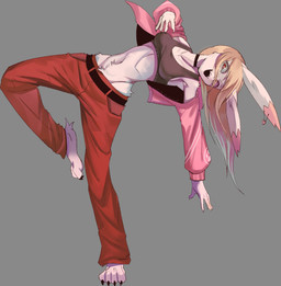 anthro athletic athletic_female barefoot belly_tuft belt blonde_hair bottomwear breasts choker clothing crotch_lines crotch_tuft ear_piercing feet female grey_background hair jacket jewelry long_ears long_hair looking_at_viewer medium_breasts midriff navel necklace open_mouth open_smile pants piercing red_bottomwear red_clothing red_pants shirt simple_background smile solo tank_top teeth topwear tuft psibunny lagomorph leporid mammal rabbit 2026 hi_res