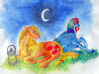 blonde_hair blue_body blue_feathers blue_fur cutie_mark duo eyelashes eyes_closed feathered_wings feathers female feral fur hair hooves lamp lantern lying moon multicolored_hair night orange_body orange_fur outside pink_eyes rainbow_hair sitting text wings dawn22eagle friendship_is_magic hasbro my_little_pony mythology applejack_(mlp) rainbow_dash_(mlp) earth_pony equid equine horse mammal mythological_creature mythological_equine pegasus pony absurd_res english_text hi_res story story_in_description traditional_media_(artwork)