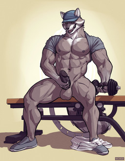abs anthro balls barazoku baseball_cap biceps big_balls big_muscles big_penis bodily_fluids bottomless bottomwear bottomwear_around_one_leg bottomwear_down claws clothed clothing clothing_around_one_leg dumbbell erection exercise footwear genital_fluids genitals hat headgear headwear huge_muscles humanoid_genitalia humanoid_penis looking_at_viewer male masturbation muscular muscular_anthro muscular_male navel nipples obliques open_mouth open_smile pants pants_around_one_leg partially_clothed pecs penile penile_masturbation penis precum quads raised_clothing raised_shirt raised_topwear sexercise shadow shirt shirt_behind_head shoes simple_background sitting smile solo teeth text tongue topwear vein weight_bench weightlifting weights whiskers white_background workout raythefox zachary_(kajy) mammal procyonid raccoon 2022 absurd_res hi_res url watermark