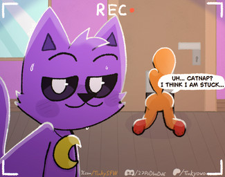 anthro black_eyes blush blush_lines bodily_fluids butt charm_(jewelry) dialogue door door_handle duo fur inside jewelry male necklace orange_body orange_fur pupils purple_body purple_fur smile smiling_at_viewer smirk smirking_at_viewer speech_bubble stuck stuck_in_door sweat sweatdrop tail text white_pupils tinky mob_entertainment poppy_playtime smiling_critters catnap_(poppy_playtime) dogday_(poppy_playtime) canid canine canis domestic_cat domestic_dog felid feline felis mammal url