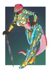 5_fingers abstract_background anthro armor armwear biped breastplate breasts clothed clothing female fingers footwear front_view glass_armor gloves greaves green_body green_scales hand_on_hip handwear holding_melee_weapon holding_object holding_sword holding_weapon light looking_at_viewer magenta_scales melee_weapon mouth_closed multicolored_body multicolored_scales orange_eyes pauldron pink_body pose red_body red_scales scales simple_background solo standing sword tail text thick_thighs unconvincing_armor weapon wide_hips hakuryuorion bethesda_game_studios microsoft the_elder_scrolls argonian scalie artist_name digital_media_(artwork) digital_painting_(artwork) hi_res lighting portrait shaded three-quarter_portrait watermark