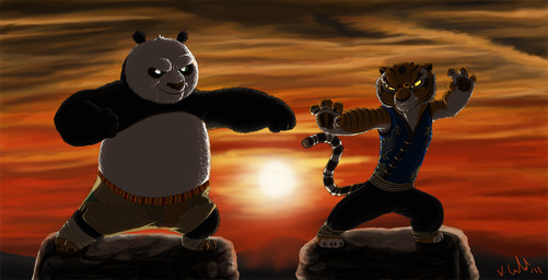 anthro bandage claws clothed clothing detailed_background duo eye_contact female fight fighting_pose green_eyes looking_at_another male pose red_eyes smile standing sunset tail prinzeburnzo dreamworks kung_fu_panda master_po_ping master_tigress avian bear bird felid galliform giant_panda mammal pantherine peafowl phasianid tiger 2011 hi_res