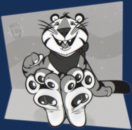 anthro countershading crossed_ankles feet foot_fetish foot_focus fur gesture hand_gesture looking_at_viewer male mascot pawpads paws pointing pointing_at_foot sharp_teeth soles solo striped_body striped_fur stripes teeth tongue tongue_out wrinkled_feet wrinkles dogeoisie frosted_flakes kellogg's tony_the_tiger felid mammal pantherine tiger alpha_channel black_and_white hi_res monochrome