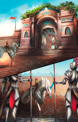 anthro armor armor_plates armored_boots blue_horn border clothing ehraan_city entry_way female feral flag gauntlets gloves group guard guard_position hair handwear holding_object holding_weapon horn long_horn long_tail mount plant red_flag red_hair reins rider riding saddle saddle_bag sitting sitting_on_another standing standing_at_attention tail tree walking weapon alectorfencer myre mythology myre_(alectorfencer) varug canid canine canis coyote dragon felid feline lion mammal mythological_creature mythological_scalie pantherine scalie wingless_dragon 9:14 comic
