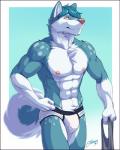 abs anthro blue_body blue_fur blue_hair blue_tail border briefs bulge clothing fur gradient_background hair male multicolored_body multicolored_fur multicolored_tail muscular muscular_anthro muscular_male navel nipples pecs pink_nose simple_background smile solo tail underwear white_body white_border white_fur white_tail yellow_eyes feralise fluke_the_husky canid canine canis domestic_dog husky mammal nordic_sled_dog spitz 2016 portrait signature three-quarter_portrait