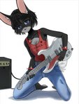 anthro barefoot black_body blue_eyes bottomwear clothing denim denim_bottomwear denim_clothing feet female guitar jeans musical_instrument pants plucked_string_instrument rock shirt smile solo string_instrument t-shirt topwear sleepyhelen lagomorph leporid mammal rabbit