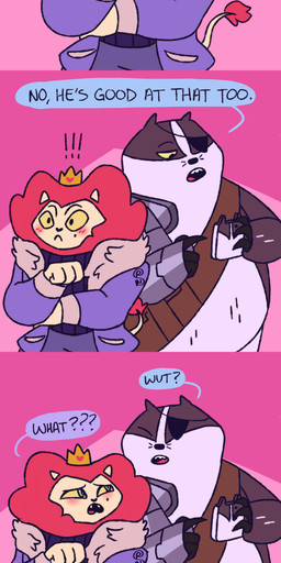 1_eye anthro crown cybernetics disability duo eye_patch eyewear headgear humor machine male male/male overweight overweight_male prosthetic prosthetic_arm prosthetic_limb royalty text shapeshiftinterest cartoon_network mao_mao:_heroes_of_pure_heart badgerclops king_snugglemagne_xxv badger cyborg felid lion mammal mustelid musteline pantherine 1:3 absurd_res comic english_text hi_res