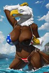 american_flag american_flag_bikini anthro areola beak big_breasts bikini biped blue_eyes breasts brown_areola brown_body brown_feathers brown_nipples camel_toe clitoris_outline clothing clothing_pull darkened_nipples detailed_background feathers female flag_bikini front_view looking_at_viewer multicolored_body multicolored_feathers nipple_dip nipple_outline nipples non-mammal_nipples outside partially_submerged solo swimwear two-piece_swimsuit united_states_of_america water white_body white_feathers yellow_beak truegrave9 marie_fisher_(spyglass8) accipitrid accipitriform avian bald_eagle bird eagle sea_eagle 2024 digital_media_(artwork) hi_res