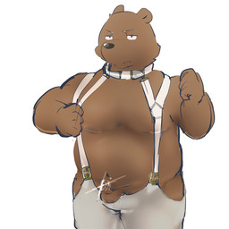 anthro balls belly black_nose bottomwear brown_body brown_fur clothing fur genitals humanoid_genitalia humanoid_hands humanoid_penis male moobs overweight overweight_anthro overweight_male pants penis simple_background solo white_background oneko_takasuke bear mammal 1:1 2015