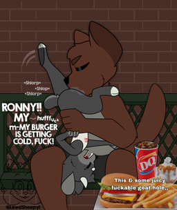 ambiguous_gender anthro bodily_fluids brown_body brown_fur burger clothing cloven_hooves dialogue duo food fur grey_body grey_fur hooves male male/ambiguous oral profanity saliva sex shirt short_tail size_difference tail tank_top text topwear upside_down young lupopossum dairy_queen macco_(lupopossum) ronny_(lupopossum) bovid canid canine canis caprine goat mammal wolf absurd_res english_text hi_res