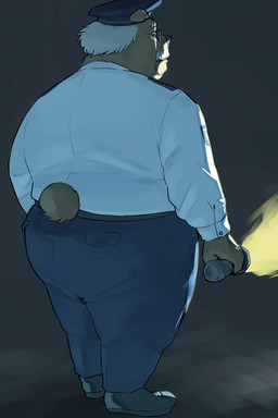anthro big_butt bottomwear brown_body butt clothing eyewear glasses hat headgear headwear kemono male mature_male overweight overweight_male pants shirt solo standing topwear o_miso_n bear mammal 2026 2:3 hi_res